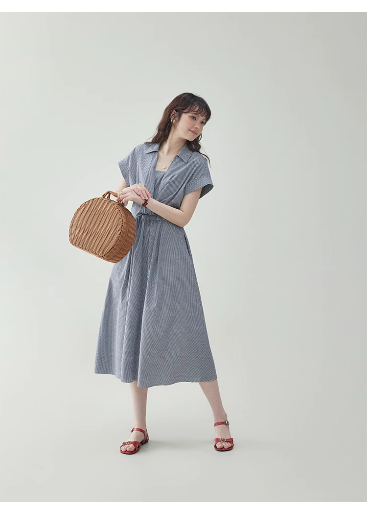 黑白格紋扭結短袖連身裙女夏季新款收腰a字中裙