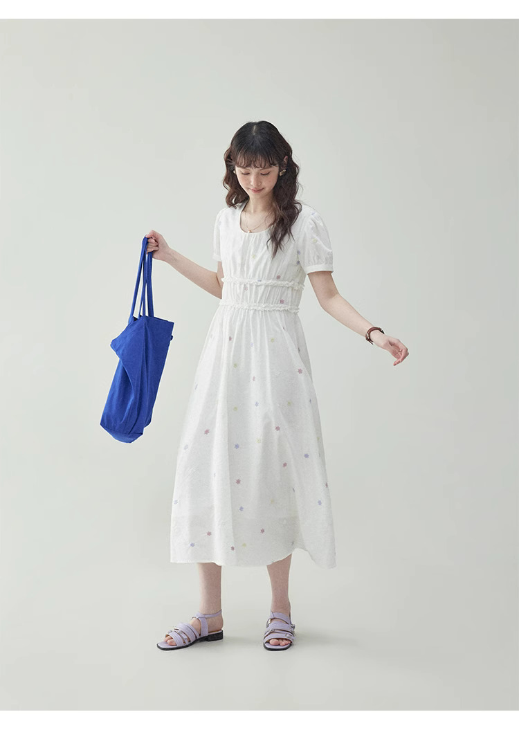 白色花邊純棉碎花洋裝女夏季新款收腰a字中裙
