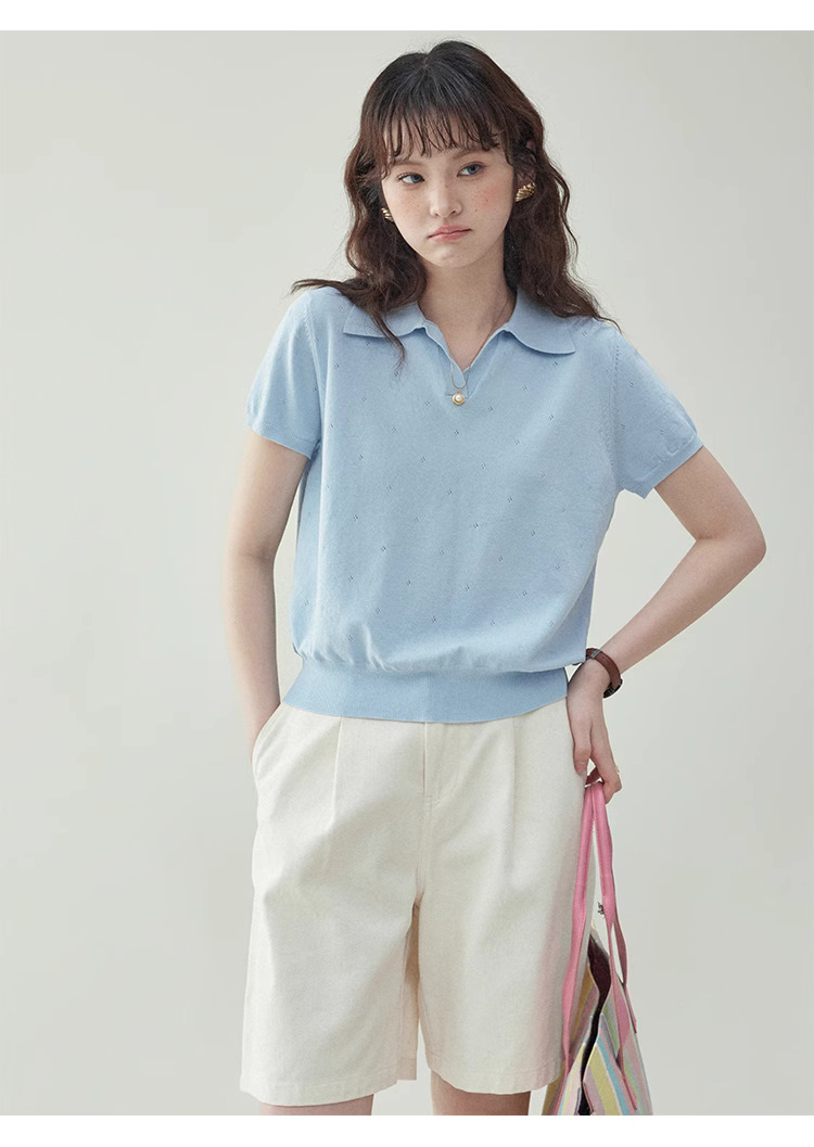 藍色翻v領短針織衫t卹女夏季新款提花短袖上衣