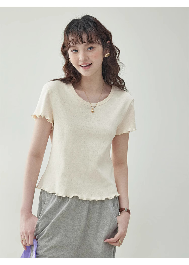 木耳邊純棉短袖提花t卹女夏新款純色短上衣
