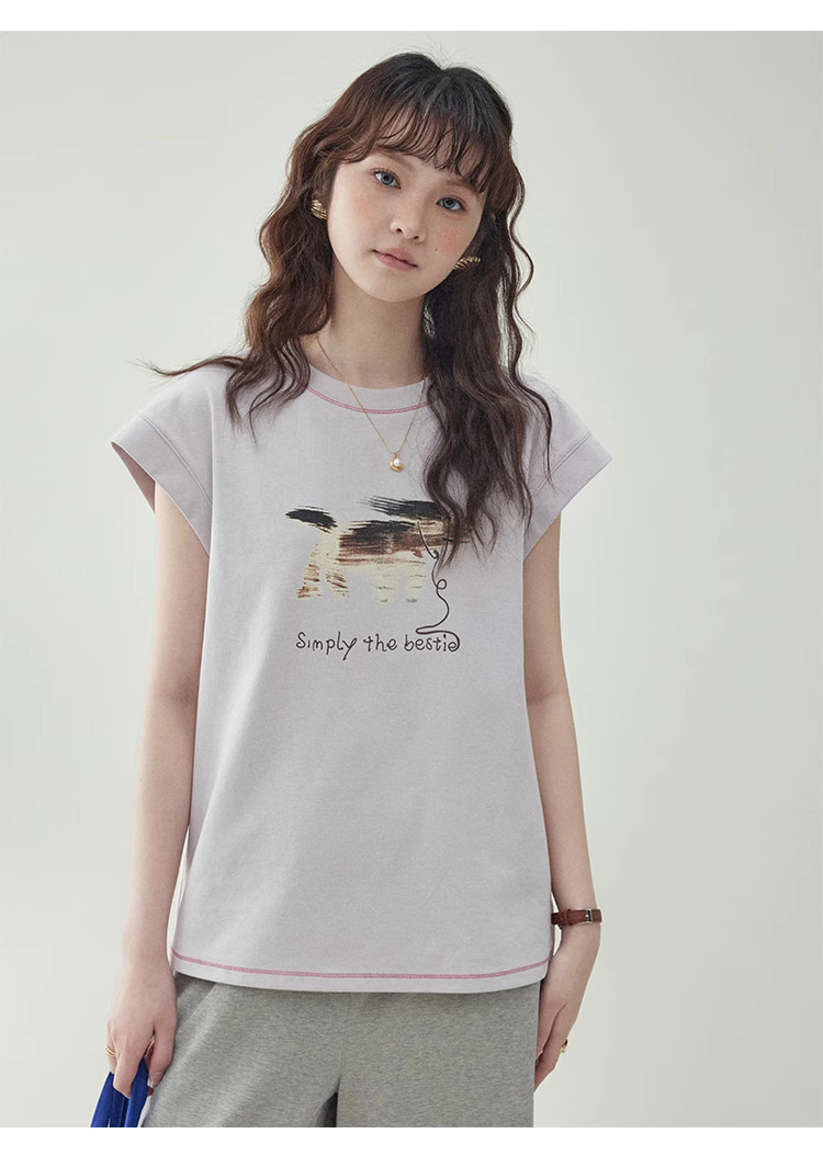 少女感小狗印花無袖純棉t卹女夏季減齡寬鬆上衣