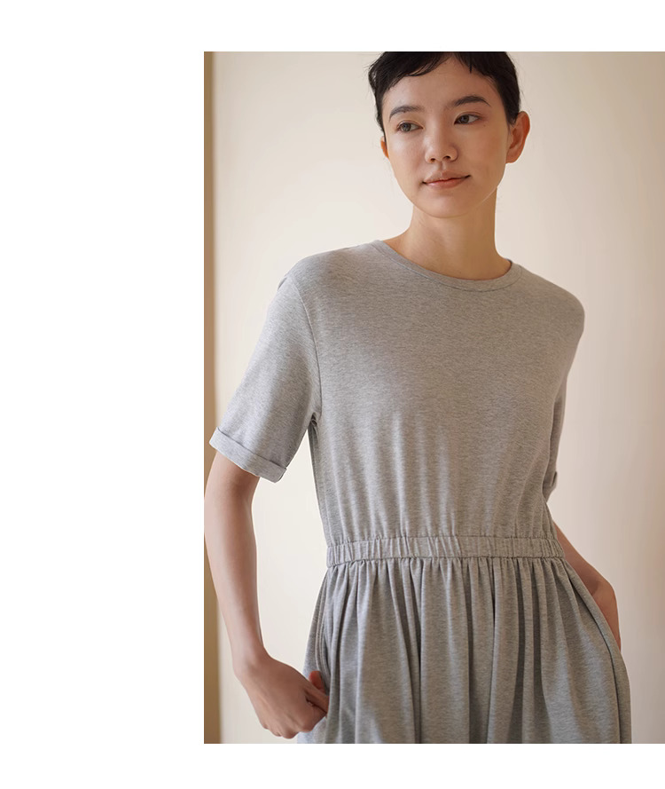 日常實用派舒適軟糯彈性鬆緊高腰圓領寬鬆顯瘦洋裝女