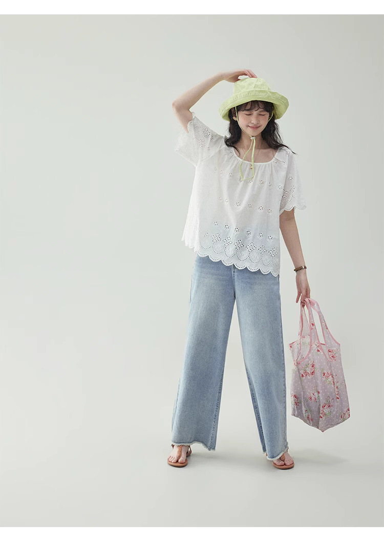 法式鏤空花邊純棉白襯衫女夏季新款寬鬆短袖上衣