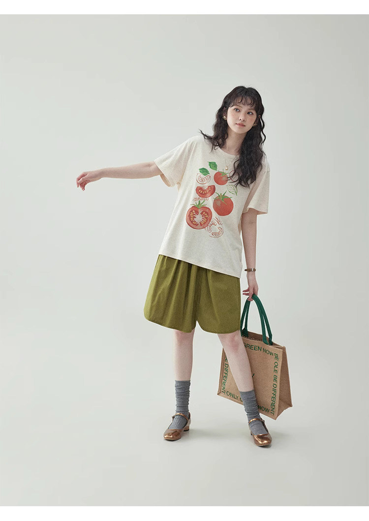 番茄印花圓領純棉短袖T恤女夏季新款少女感上衣