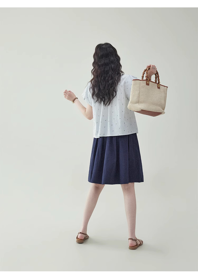 甜美泡泡袖純棉小花襯衫女夏季娃娃領單排扣上衣