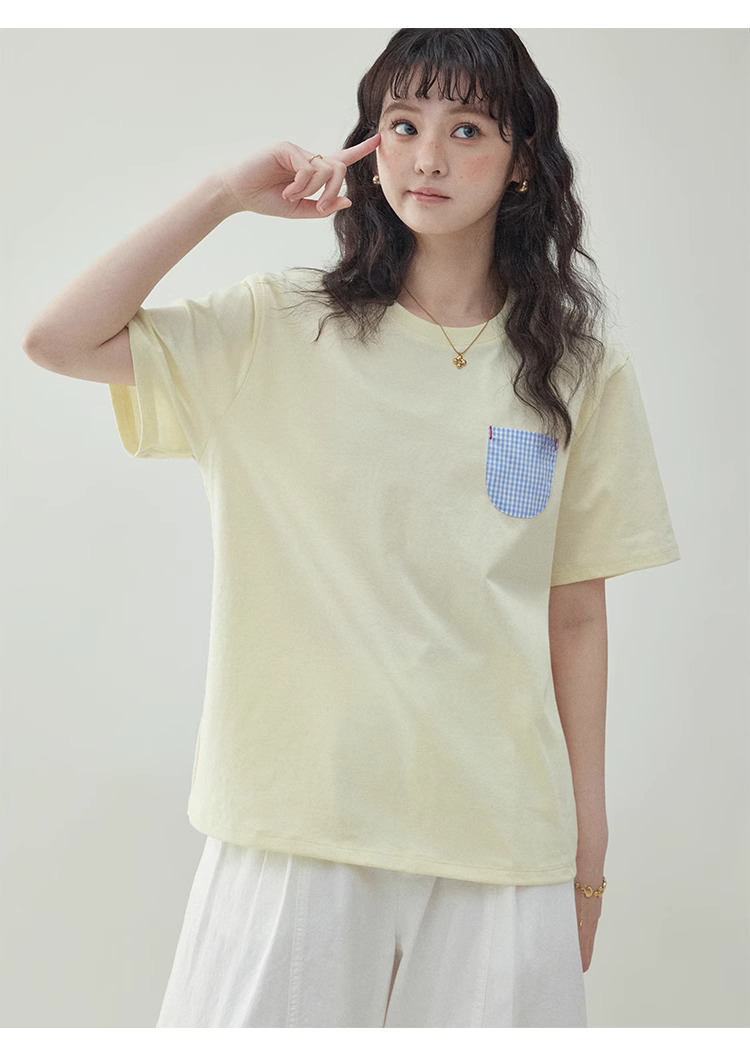 奶黃色藍格口袋純棉T恤女夏季新款減齡短袖上衣