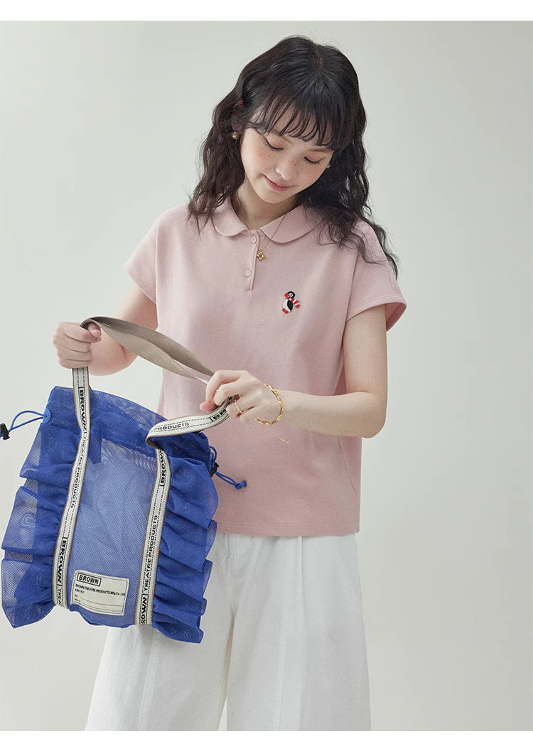 粉紅娃娃領企鵝刺繡T恤女夏季新款減齡短袖上衣