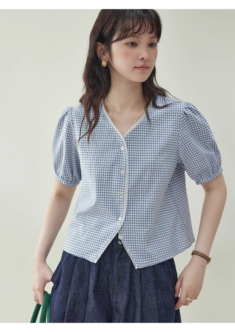 藍格泡泡袖短版純棉襯衫女夏季新款甜美寬鬆上衣