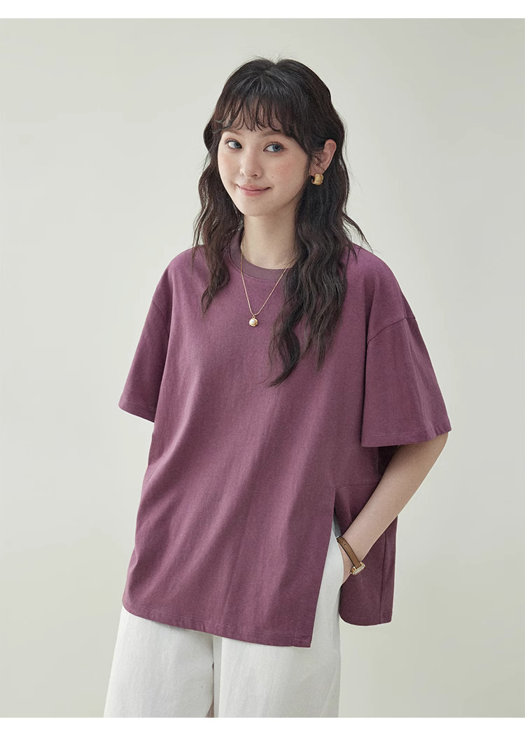 復古純色開叉短袖T恤女夏季新款設計感寬鬆上衣