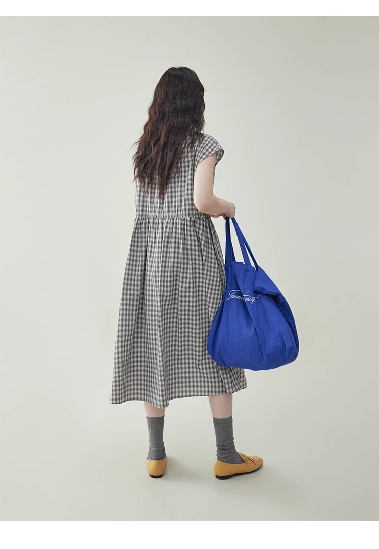 黑格抽繩v領純棉洋裝女夏季新款a字短袖中長裙