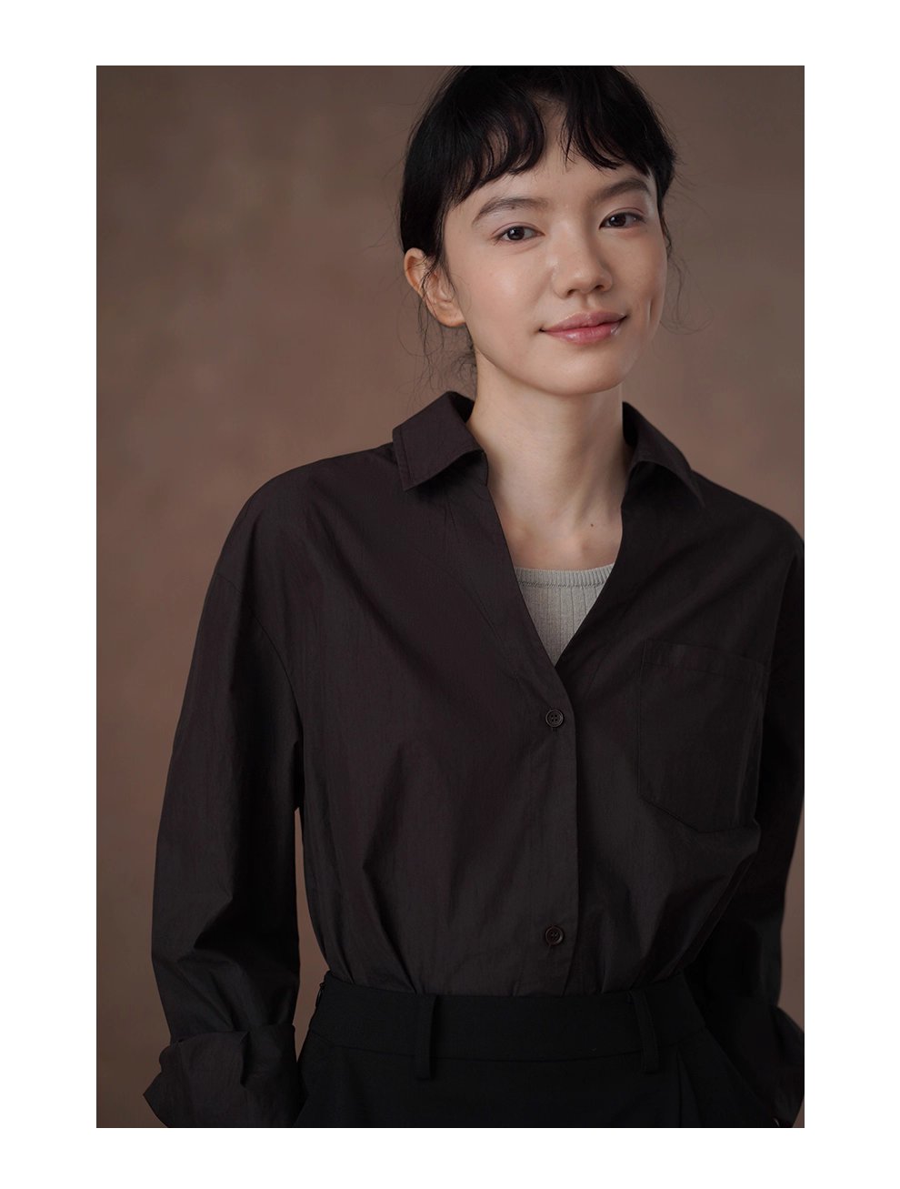 知識分子高智感襯衫濃鬱古巴咖寬鬆顯瘦V領廓形通勤上衣
