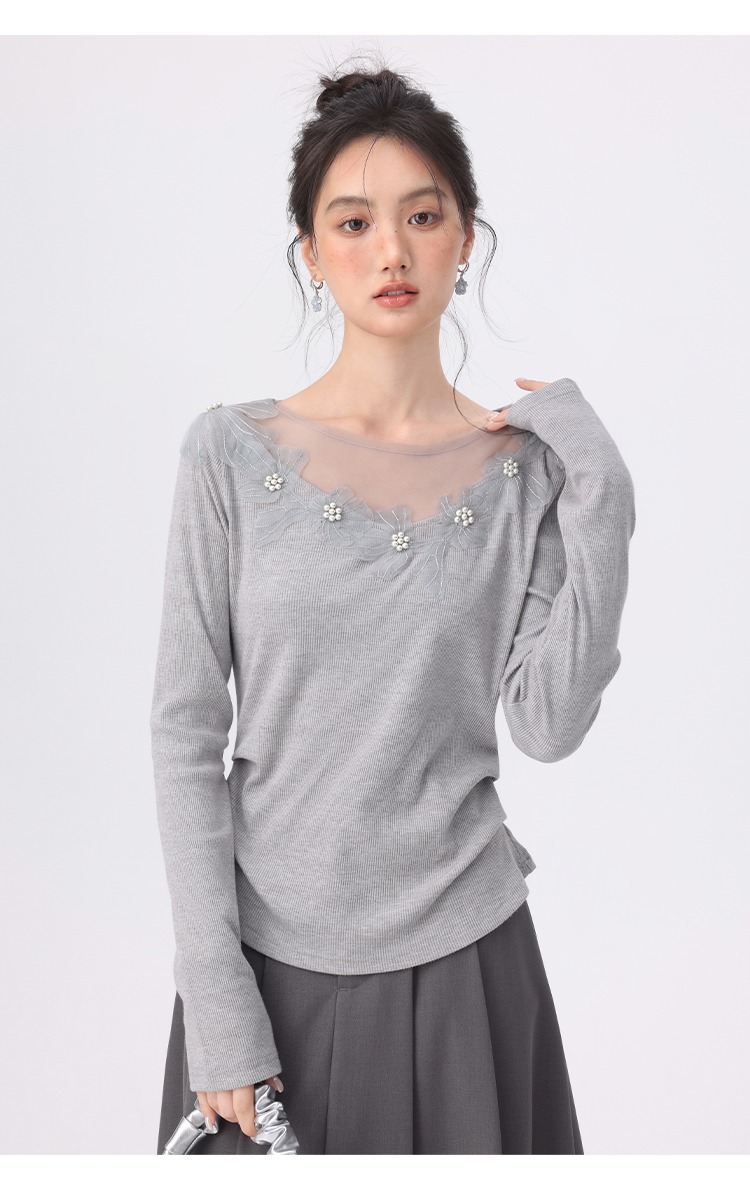 大尺碼女裝正肩長袖t恤穿搭微胖蕾絲花朵上衣