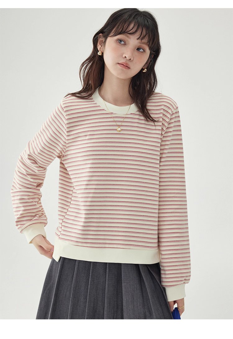 條紋不規則下擺衛衣T恤女秋季新款圓領長袖上衣