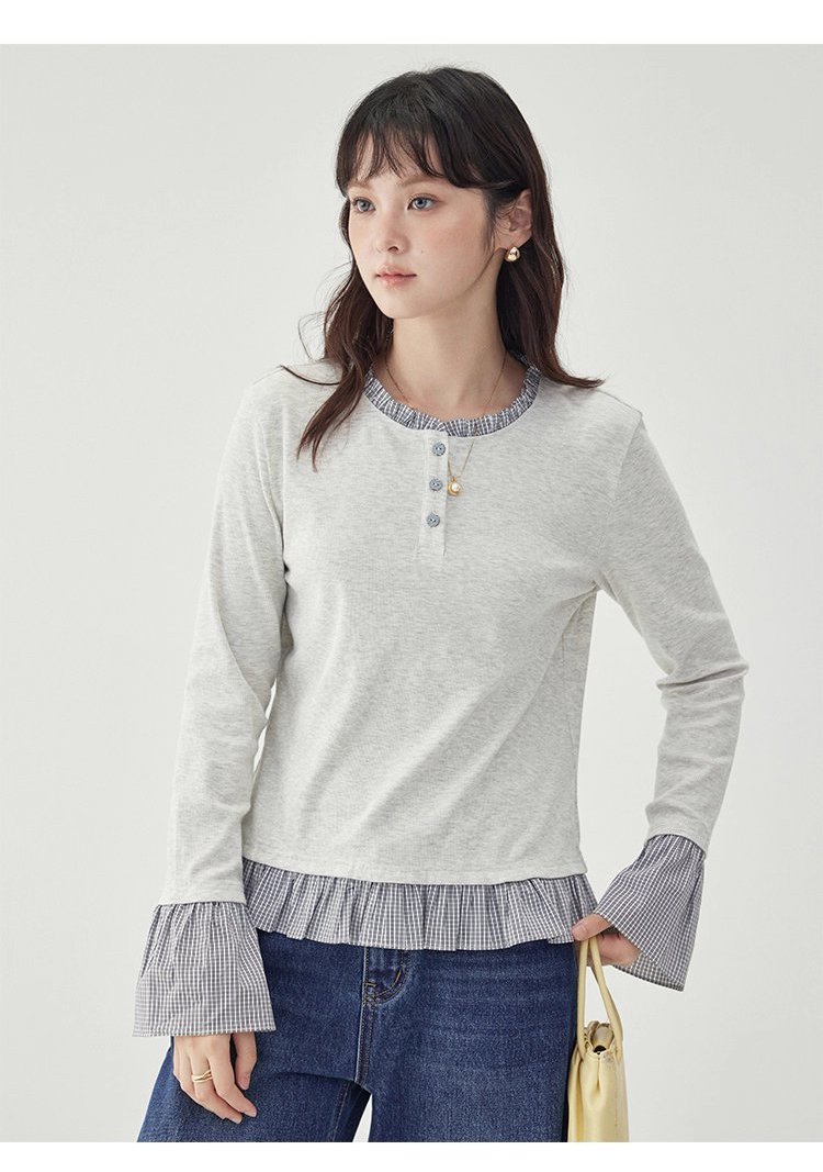 撞色拼接襯衫喇叭袖t卹女秋季新款寬鬆長袖上衣