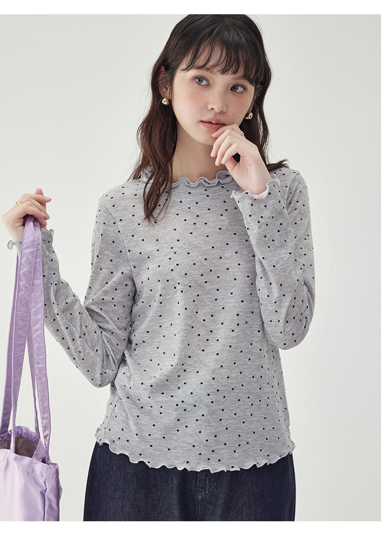 韓系密邊領波點長袖T恤女秋季新款內搭寬鬆上衣
