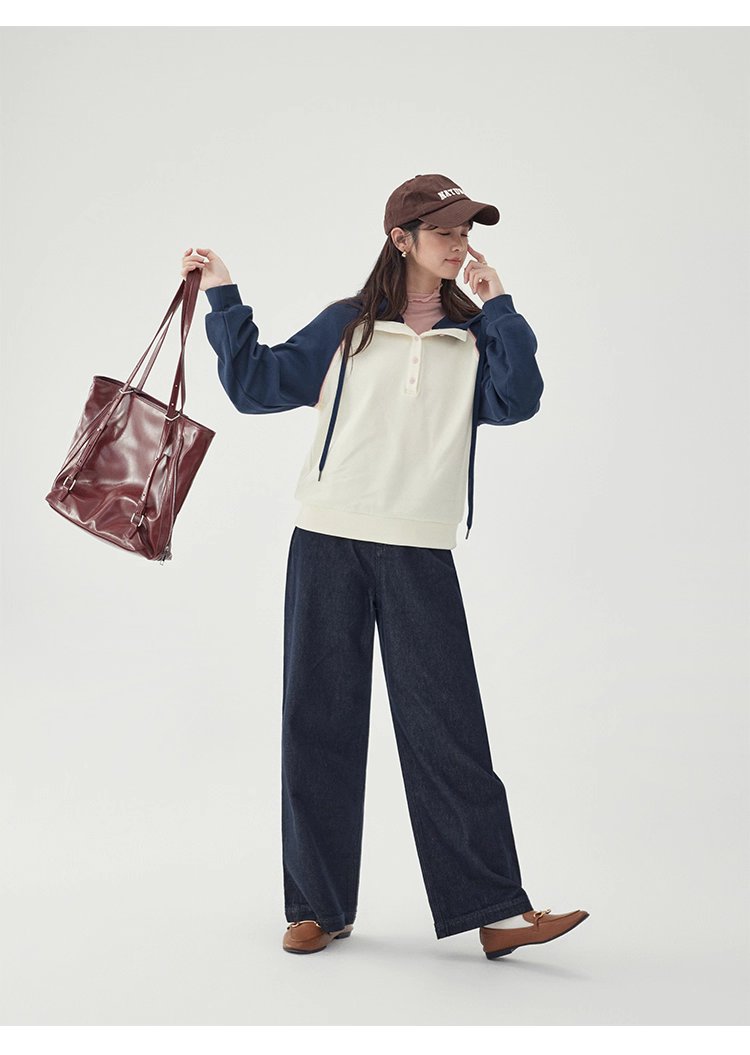 撞色插肩長袖連帽衛衣T恤女25秋季新款減齡上衣