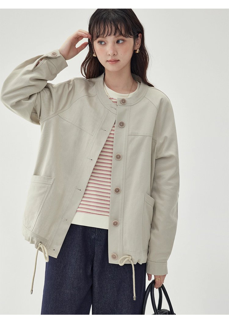 純色單排扣抽繩下擺外套女秋季新款圓領長袖上衣