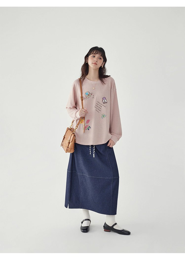 減齡印花落肩長袖粉紅T恤女秋新款寬鬆百搭上衣