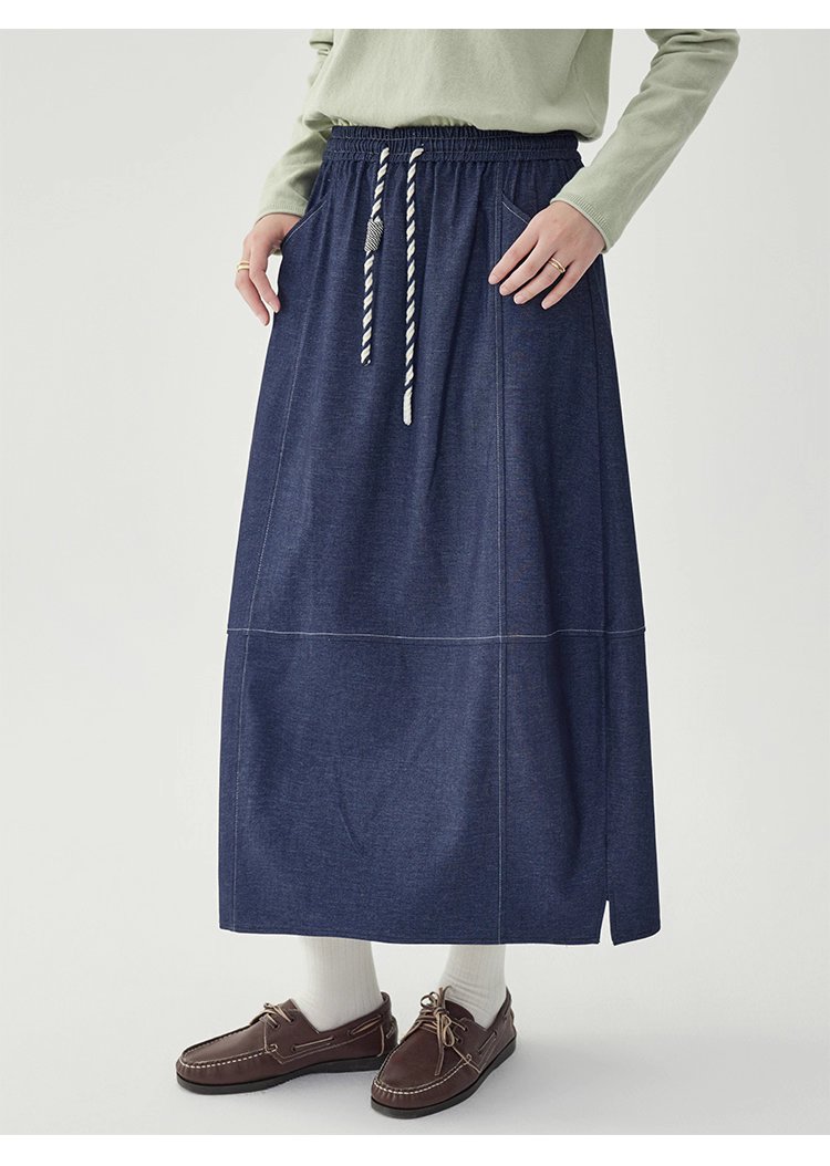 藍色鬆緊腰a字半身裙女秋季新款百搭抽繩中長裙