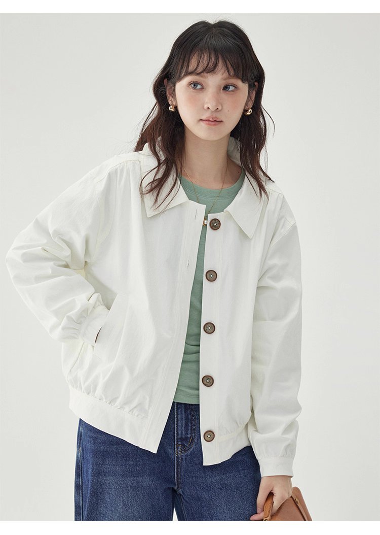 白色單排扣polo領長袖外套女25秋季新款寬鬆上衣