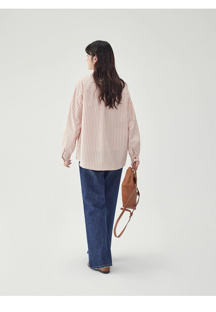 粉紅色圖案雙拉鍊長袖襯衫女秋季新款純棉外套上衣