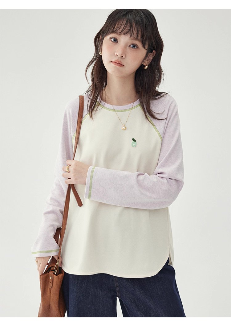 撞色插肩長袖側開叉T恤女秋季新款減齡刺繡上衣