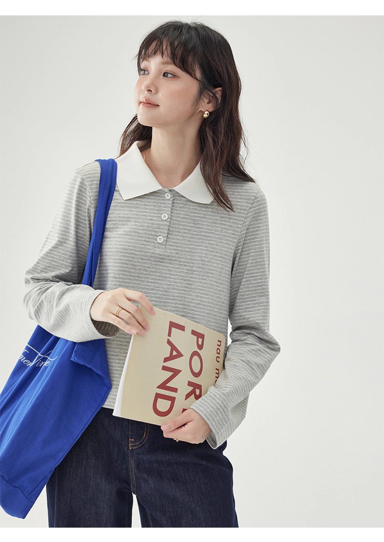 灰色條紋polo半開領t卹女秋季新款寬鬆長袖上衣