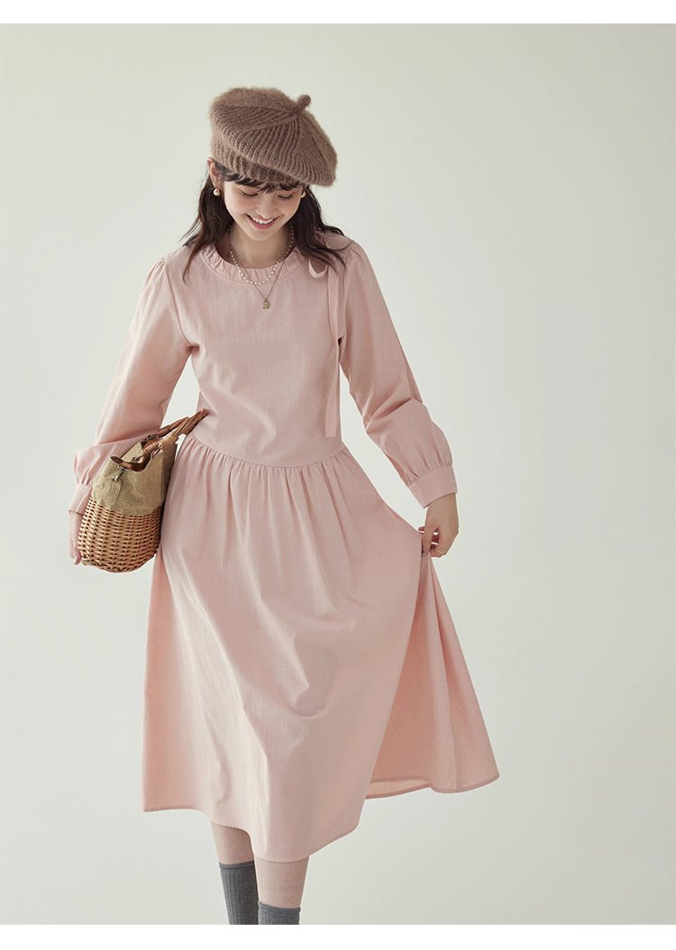 法式繫帶圓領粉紅洋裝女秋新款長袖a字中長裙