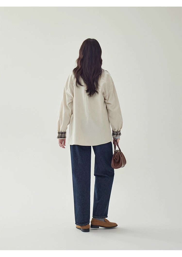 撞色格紋燈芯絨長袖襯衫女秋季新款翻領外套上衣