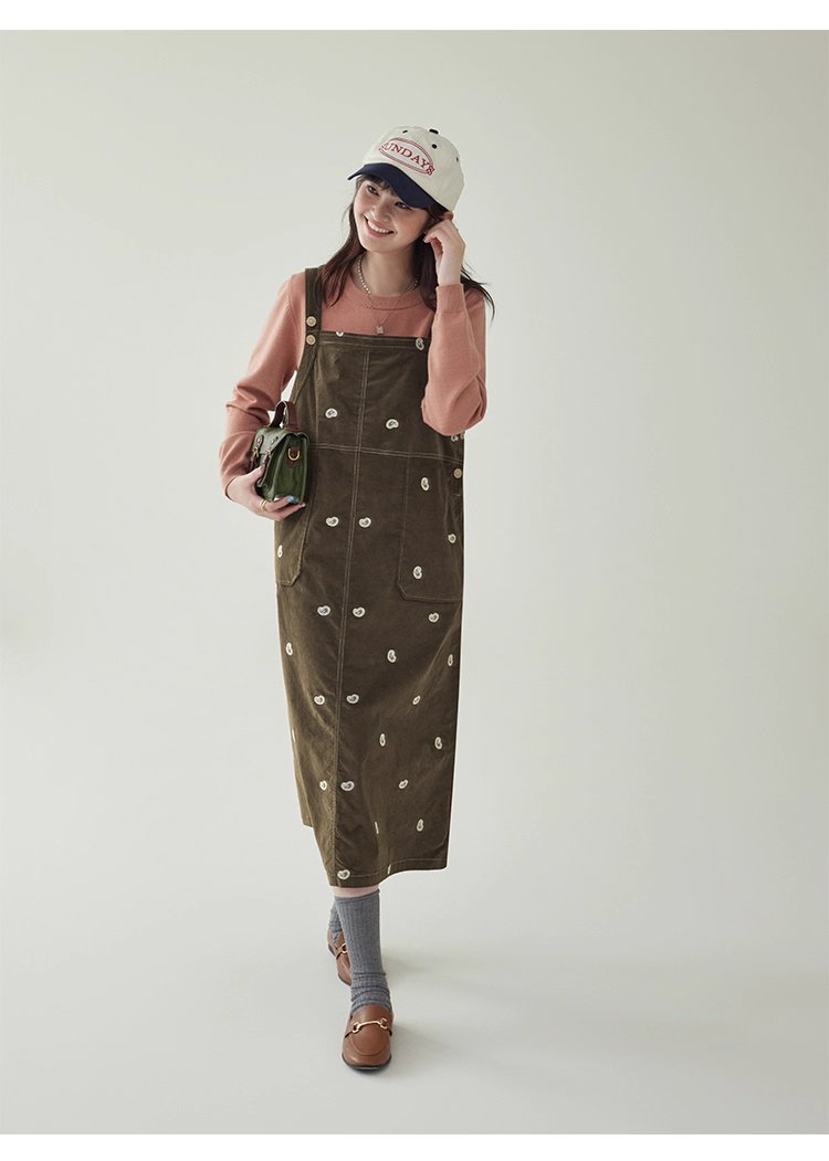 減齡刺繡純棉背帶洋裝女秋季新款後開叉a字裙