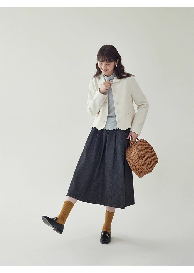 小香風純色單排扣短外套女秋新款波浪擺長袖上衣