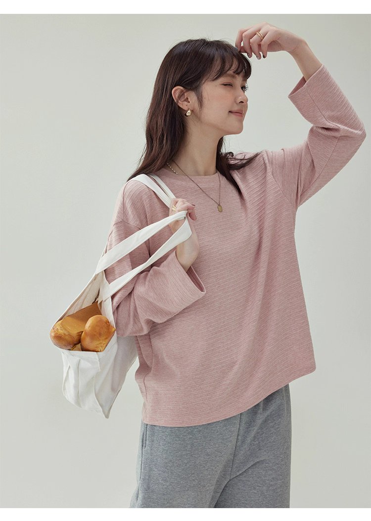 韓系藍線圓領長袖T恤女秋季新款簡約寬鬆上衣