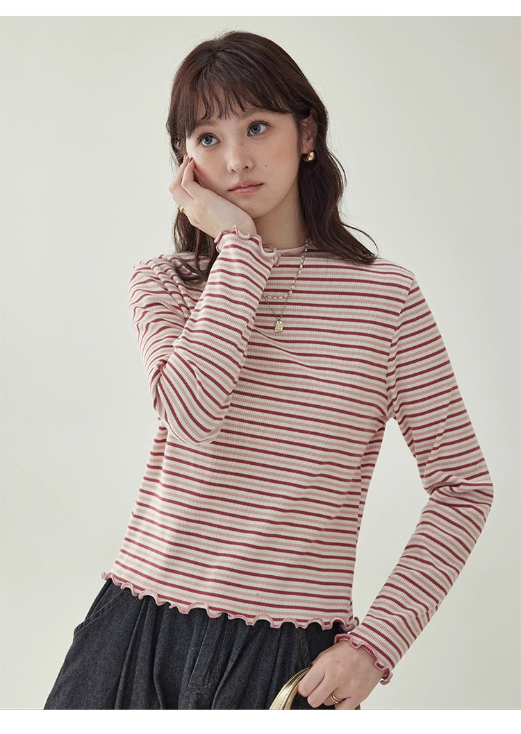 下擺扣條紋兩穿內搭T恤女秋新款花邊長袖上衣