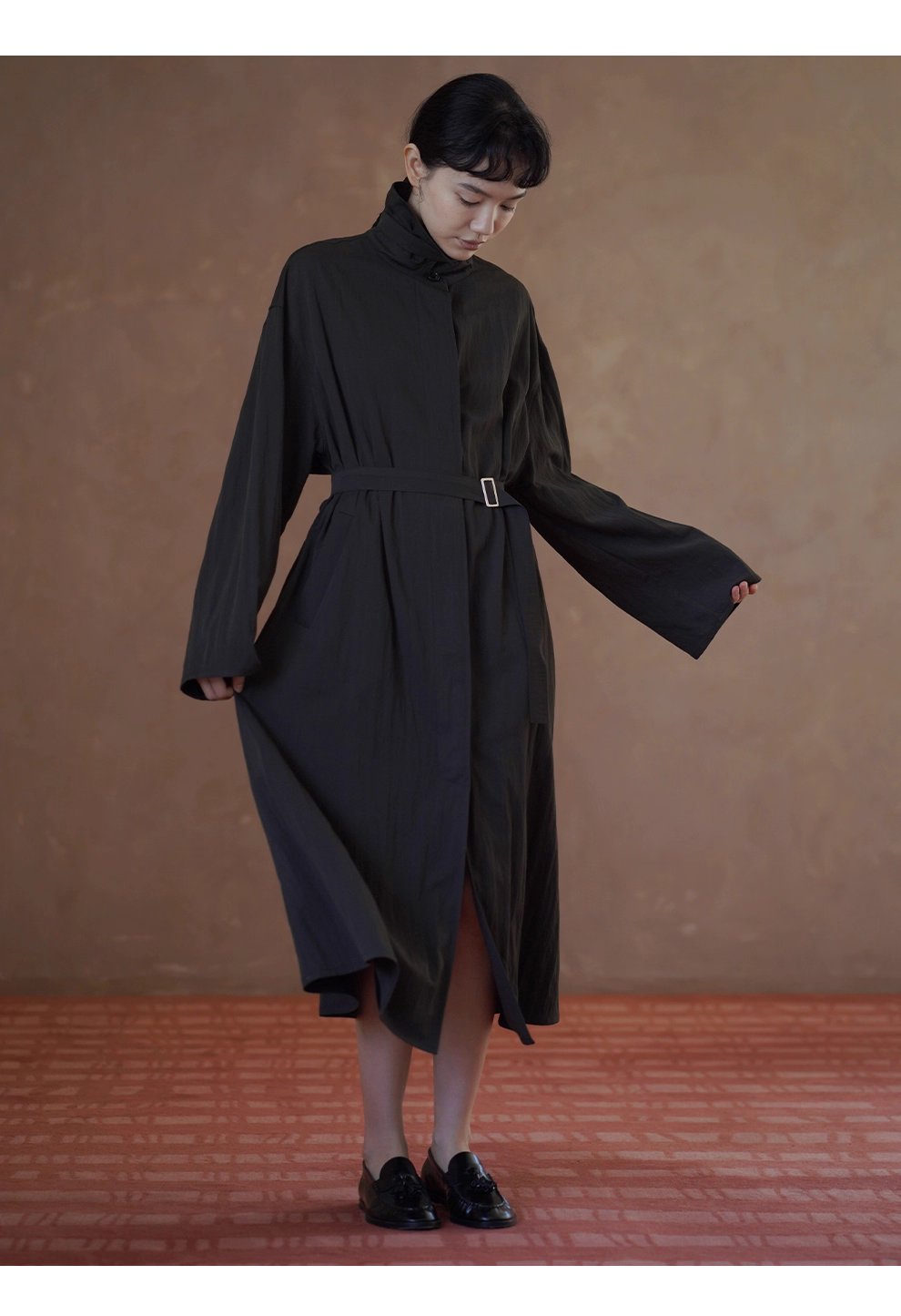 晚潮綠波風衣洋裝微皺肌理感寬鬆腰帶顯瘦通勤外套女