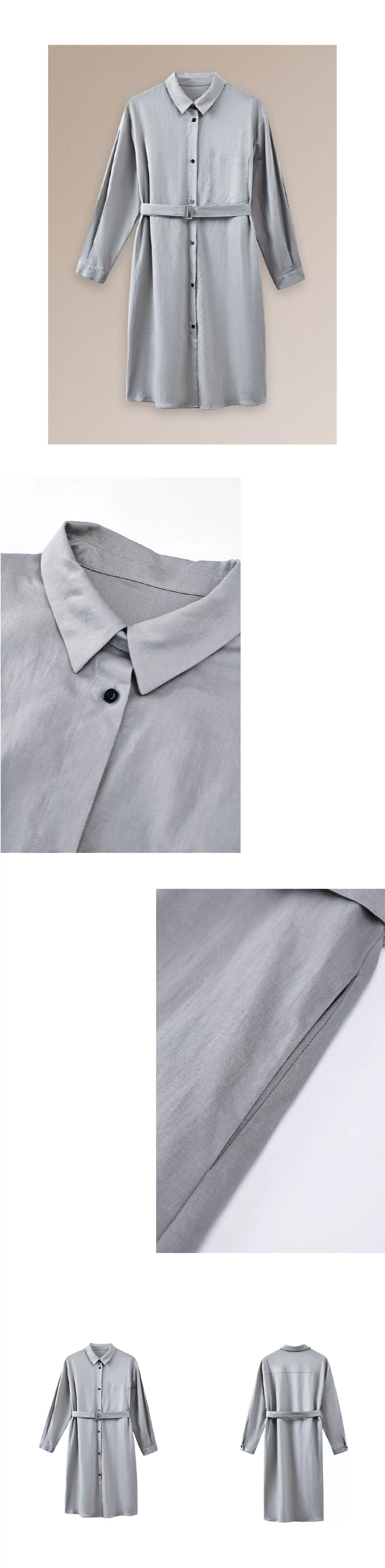 日常友善清透亞麻棉混紡襯衫領寬鬆H版型腰帶通勤洋裝