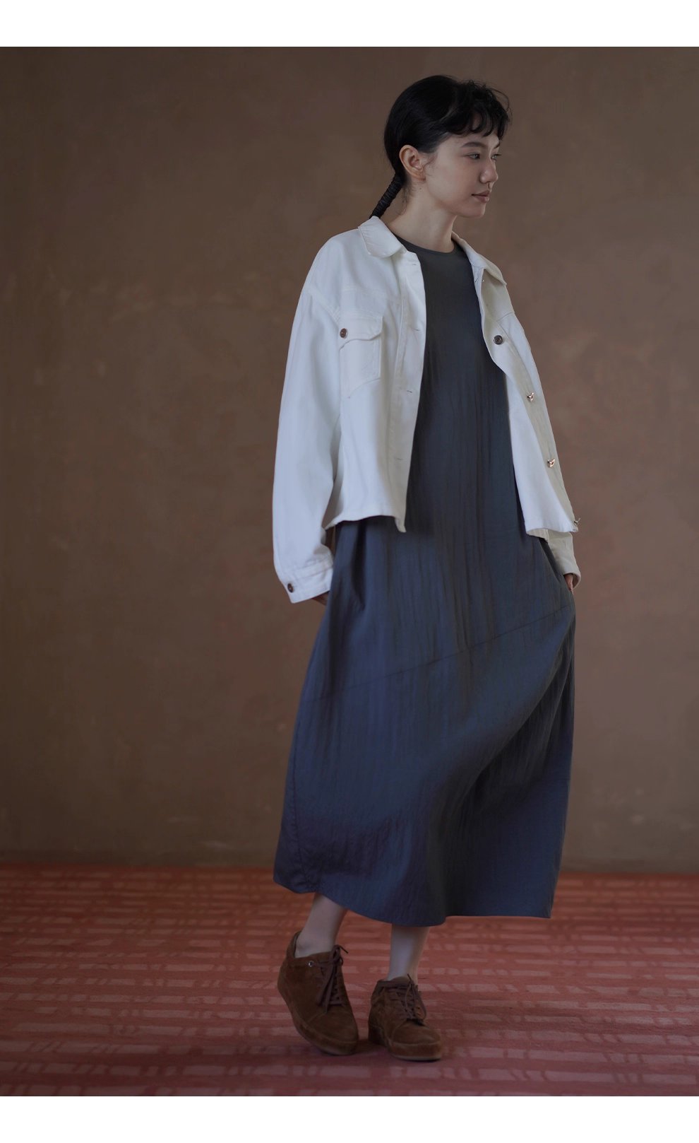 復古工裝立體口袋水洗100棉柔軟斜紋牛仔寬鬆翻領外套女