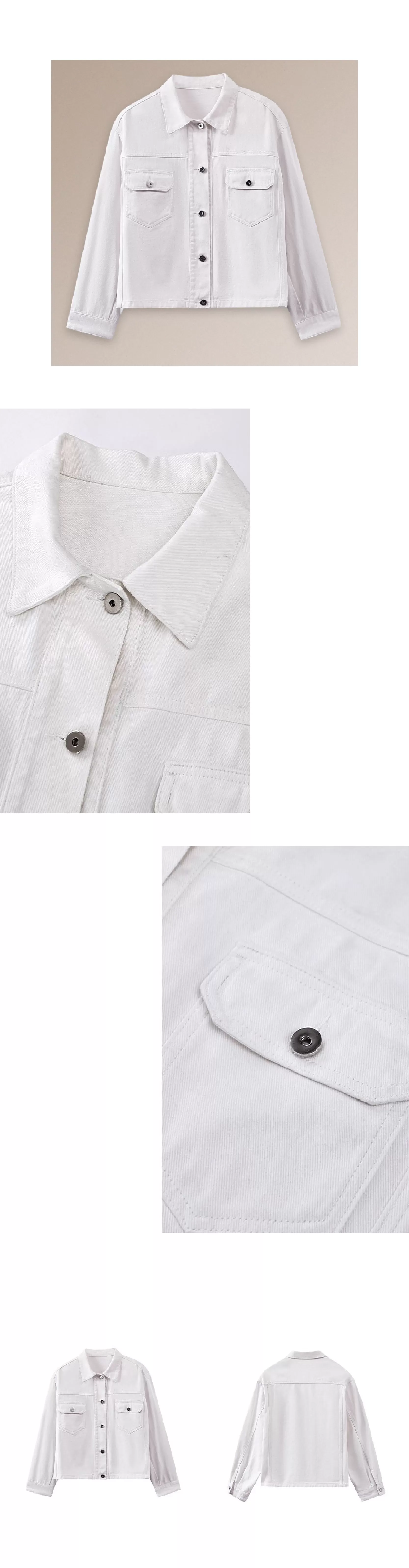 復古工裝立體口袋水洗100棉柔軟斜紋牛仔寬鬆翻領外套女