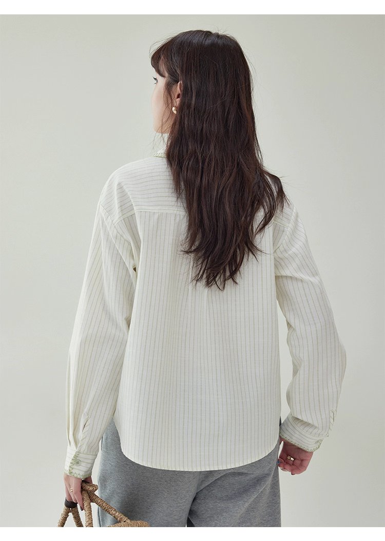 反線條單排扣長袖襯衫女秋季新款polo領寬鬆上衣
