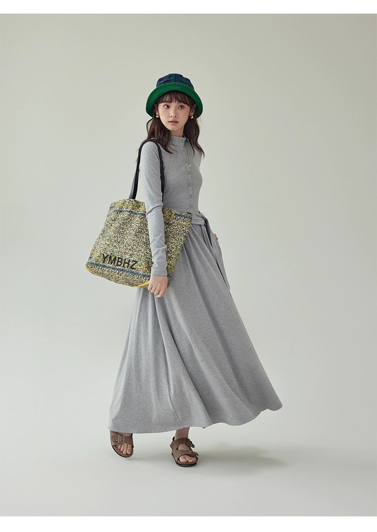 灰色修身高腰綁帶洋裝女秋新款長袖收腰T恤裙