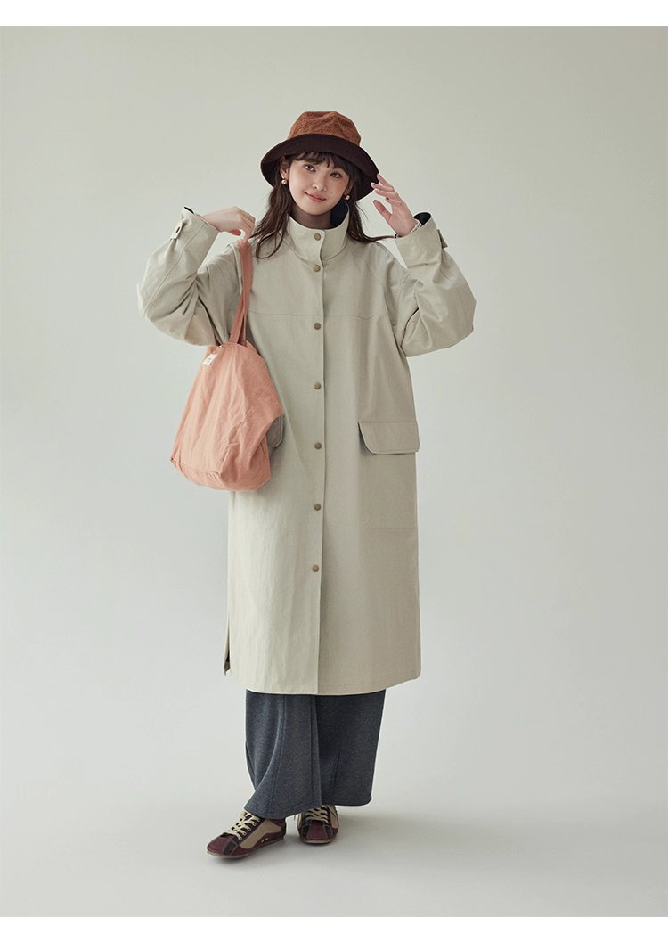 日系純色立領長風衣外套女秋新款寬鬆長袖上衣