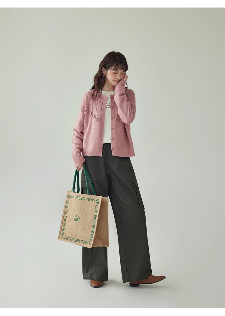 少女感粉紅花朵毛衣開襟女秋季新款寬鬆長袖上衣