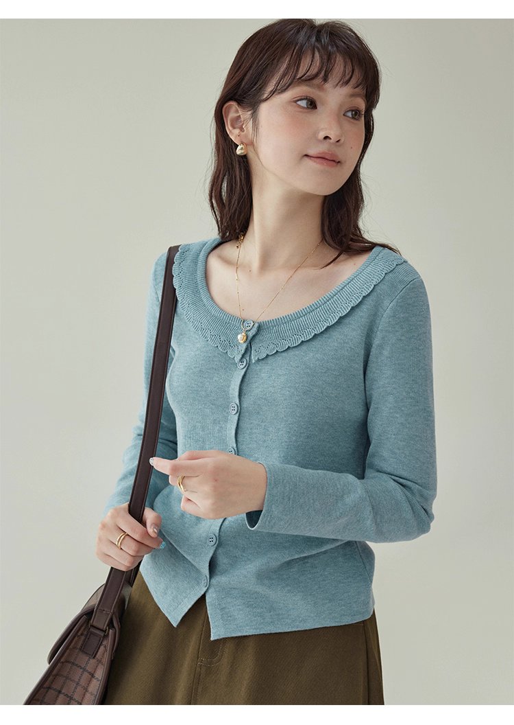 藍色圓領針織衫女秋季絕美短款修身長袖開襟衫上衣