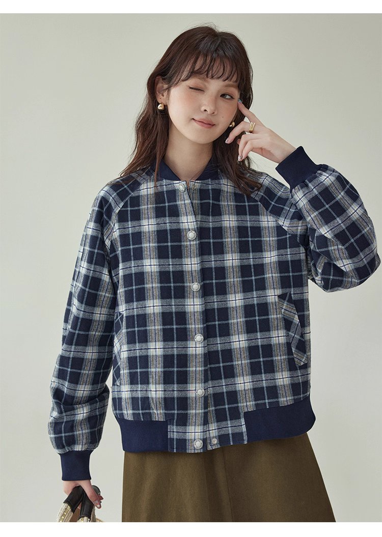 撞色格紋插肩袖摁扣外套女秋季新款長袖外套上衣