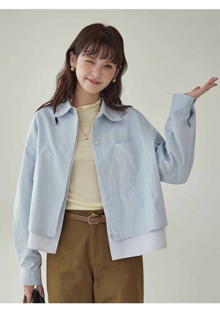 藍色假兩件外套襯衫女秋季超好看單排扣長袖上衣,藍色假兩件外套襯衫女秋季超好看單排扣長袖上衣,HBEW5073,藍色假兩件外套襯衫女秋季超好看單排扣長袖上衣,假兩件式,造型加分