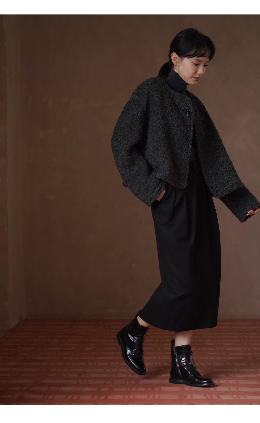 費城外套蓬鬆羊毛圈毛呢料輪廓皮袢圓領通勤顯瘦大衣