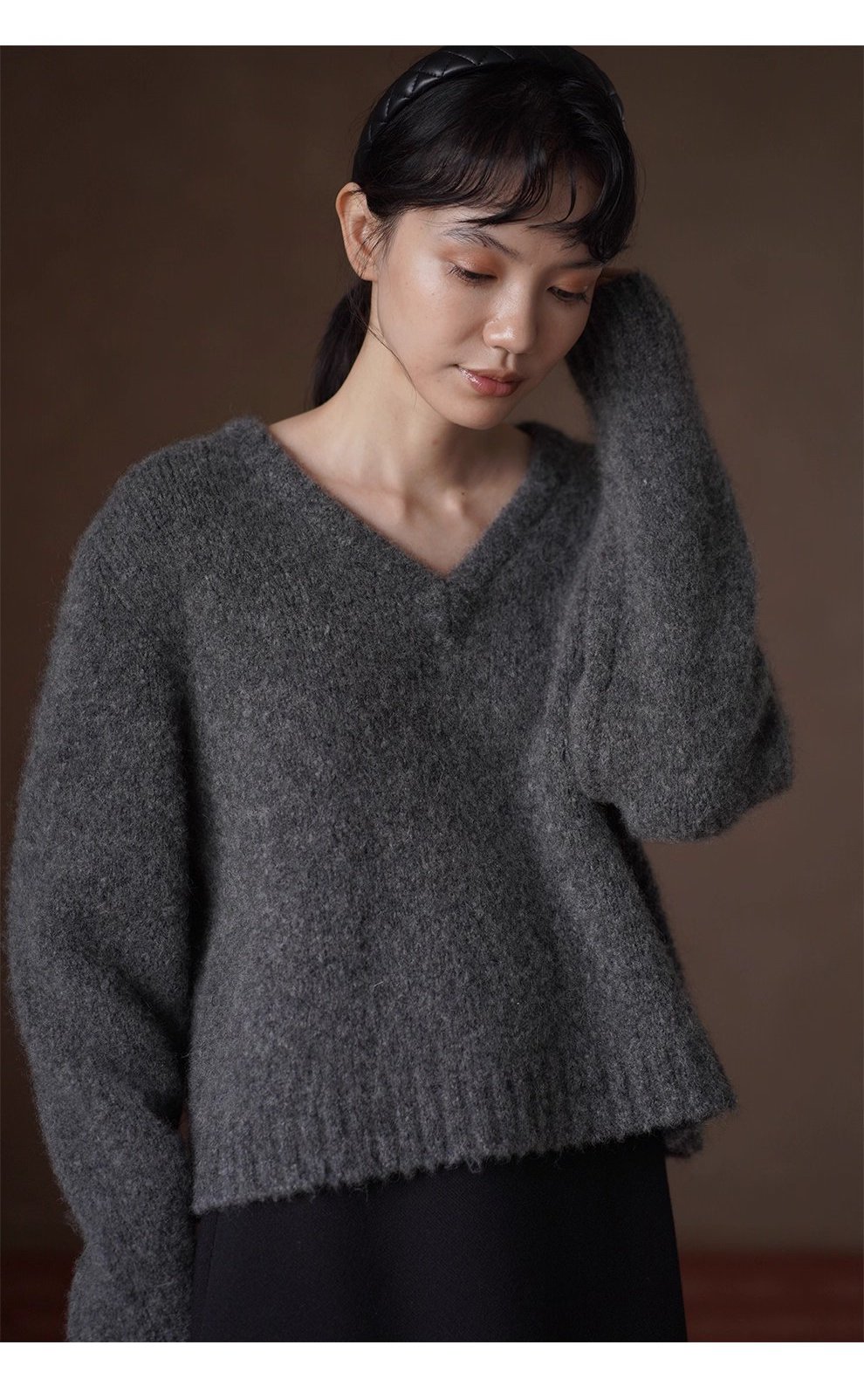 溫柔蓬鬆雜花灰毛衣馬海毛綿羊毛混紡寬鬆V領落肩上衣女