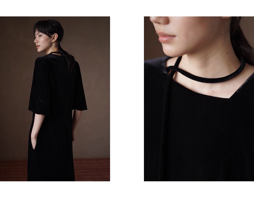 略施粉黛優雅宴會高克重品質絲絨繫帶不對稱領洋裝女