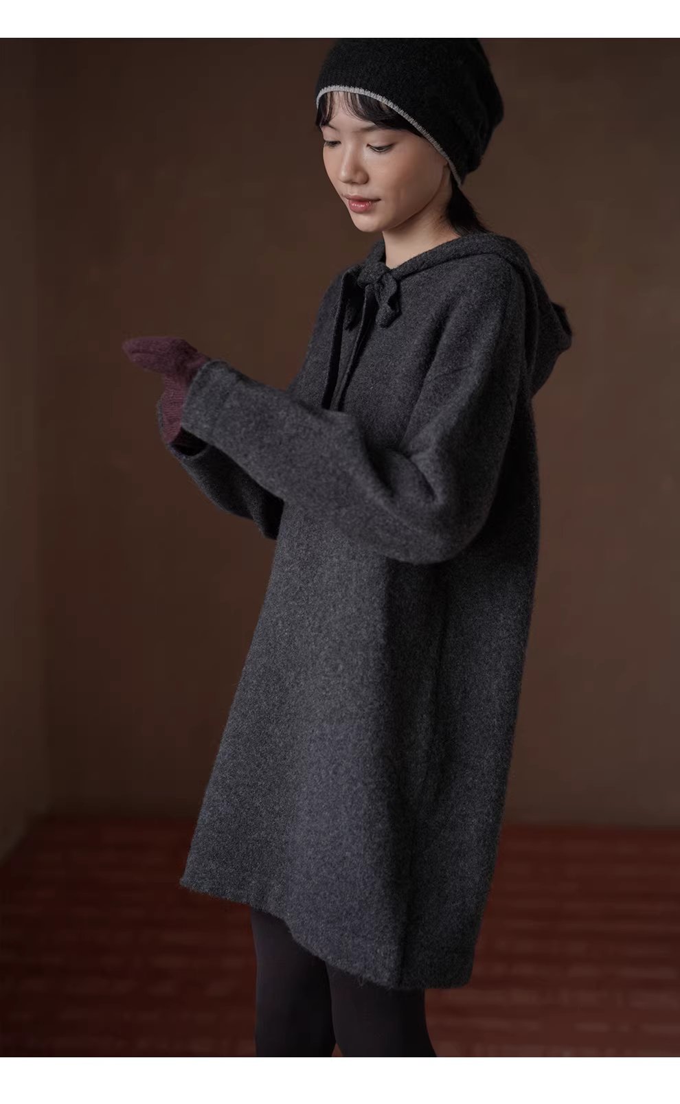 柔軟蓬鬆水洗拉毛工藝羊毛混紡連帽寬鬆顯瘦針織洋裝
