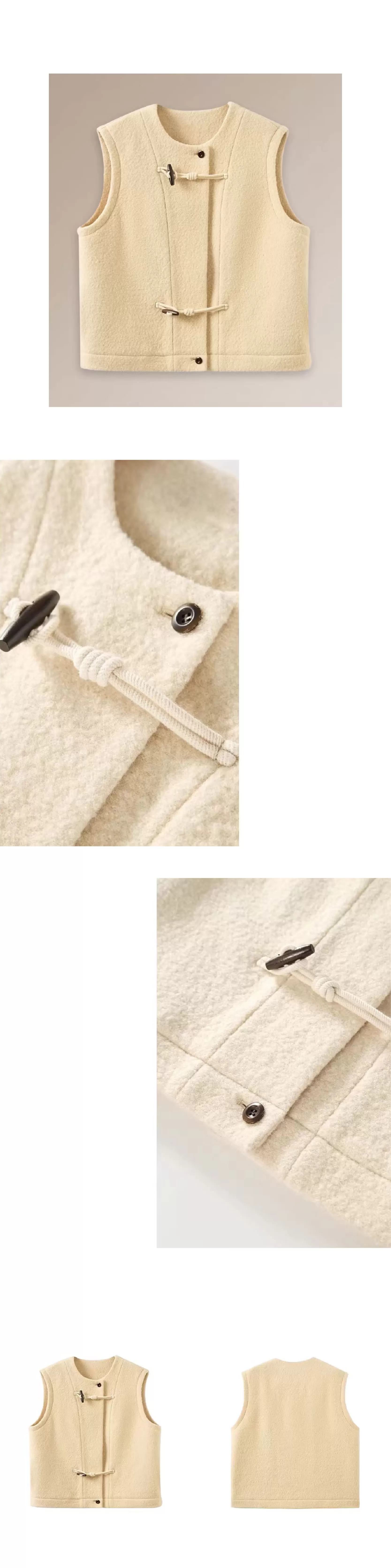 100綿羊毛顆粒肌理感牛角扣馬甲休閒寬鬆疊穿絎棉呢外套,100綿羊毛顆粒肌理感牛角扣馬甲休閒寬鬆疊穿絎棉呢外套,HBEW5100,100綿羊毛顆粒肌理感牛角扣馬甲休閒寬鬆疊穿絎棉呢外套,牛角排扣,羊毛100%