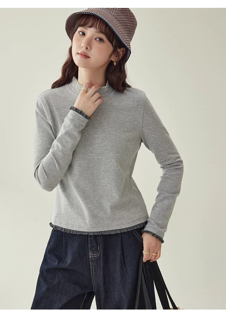拼接螺紋邊半高領厚T恤女冬季新款灰色內搭上衣,拼接螺紋邊半高領厚T恤女冬季新款灰色內搭上衣,HBEW1143,拼接螺紋邊半高領厚T恤女冬季新款灰色內搭上衣,半高領,舒適面料
